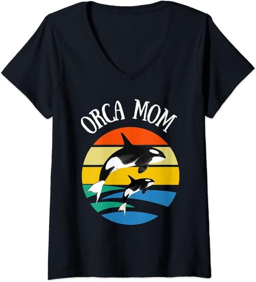 Womens 80s Orca Mom Retro Vintage Sunset V-Neck T-Shirt